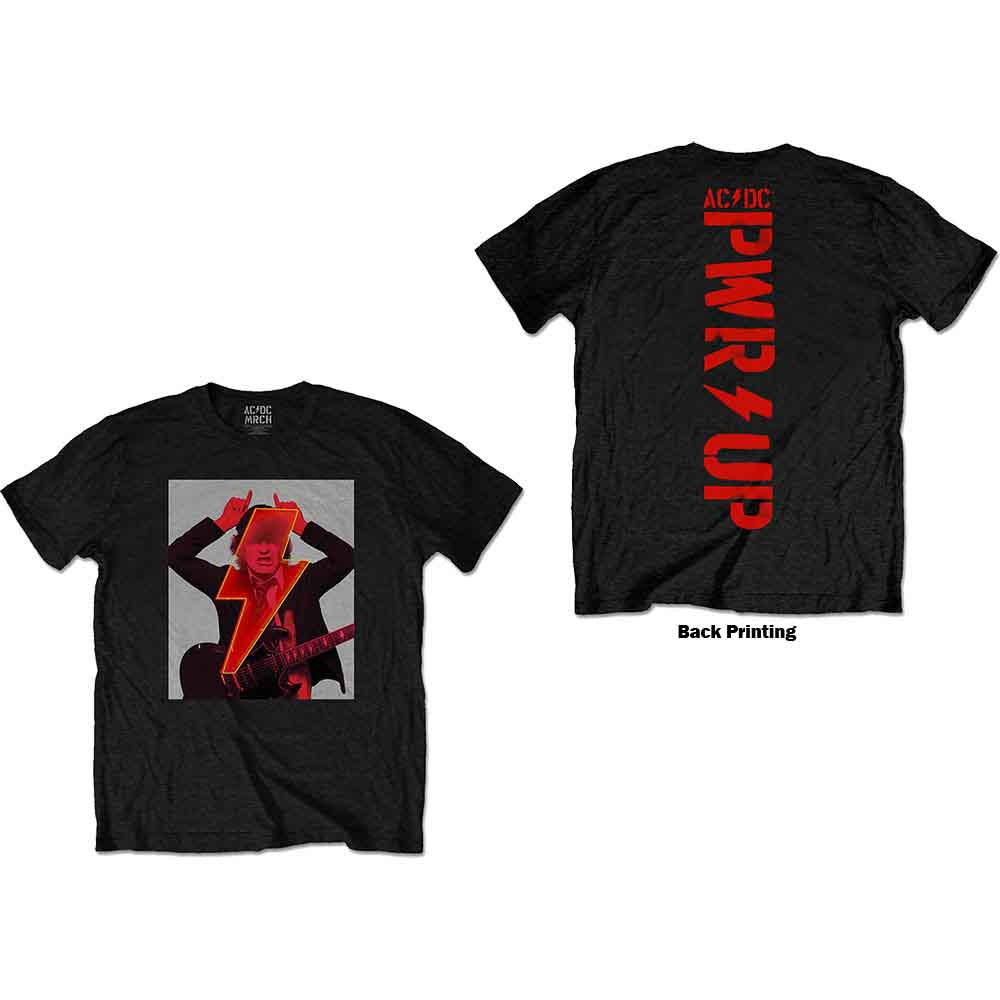 ACDCTS87MB AC/DC Unisex T-Shirt: Angus Finger Horns (Black) (Back Print) - Image 1