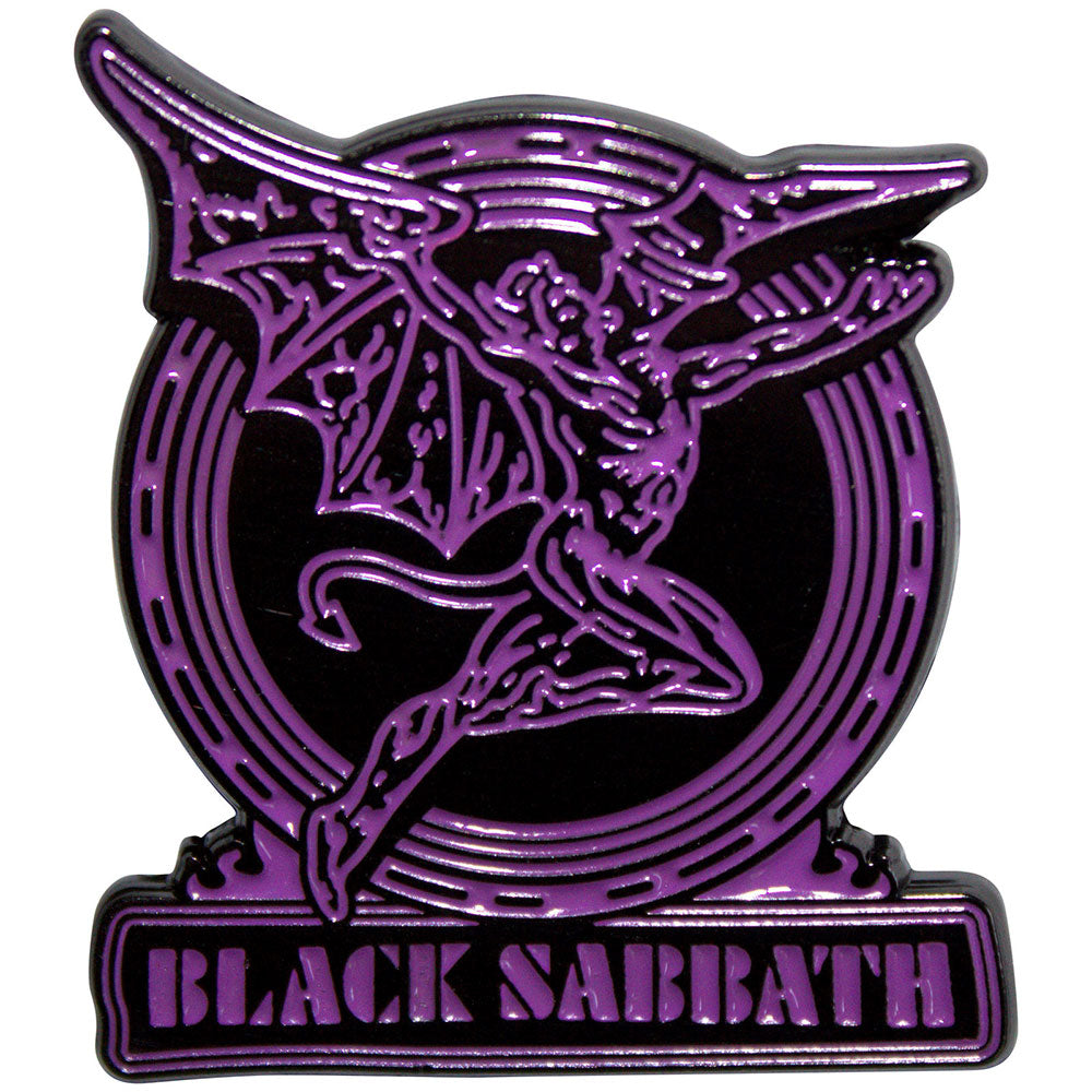 BSPIN11 Black Sabbath Pin Badge: Purple Text Logo & Daemon - Image 1